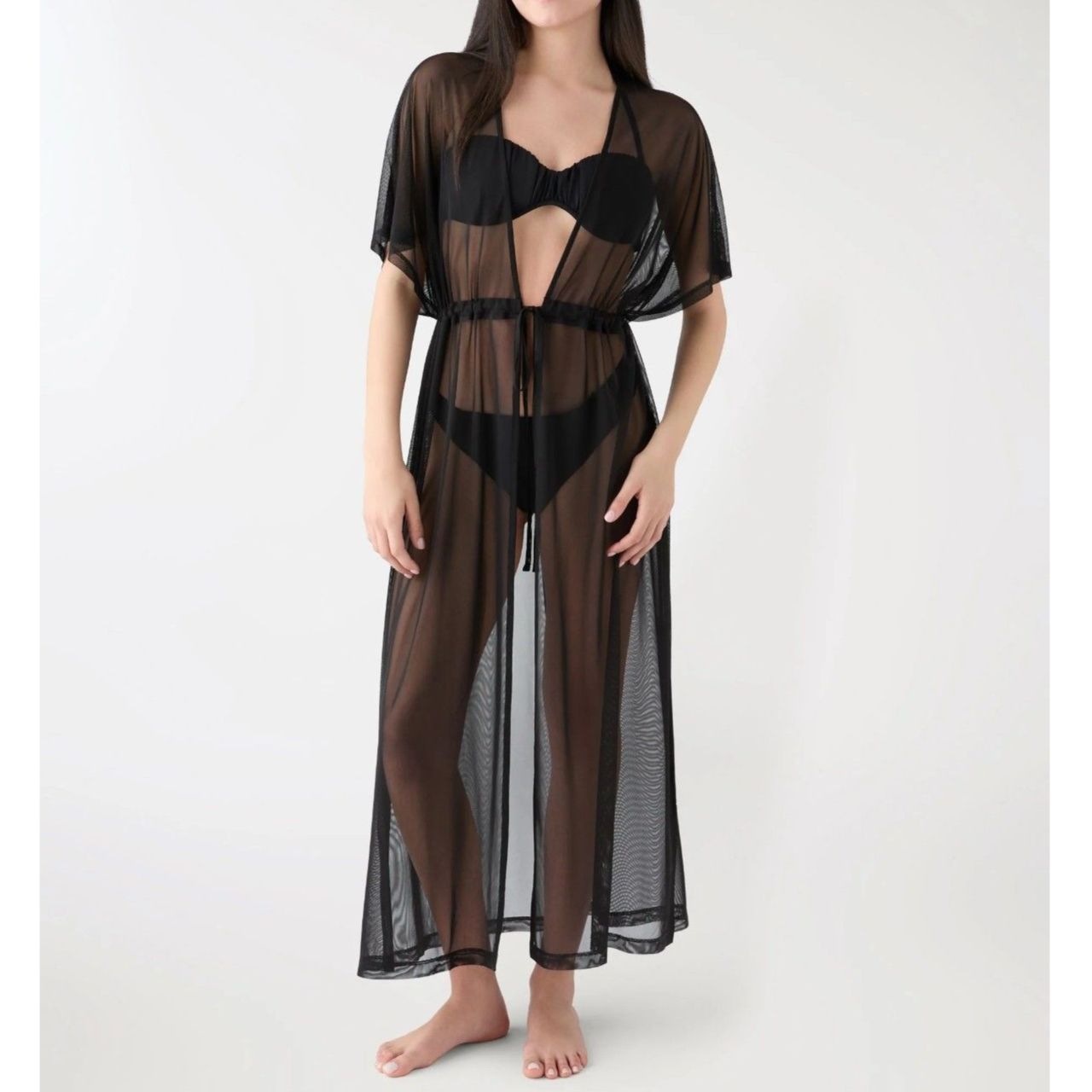 Sheer Black Mesh Maxi Robe Swim Cover-Up Tie Waist Size S-M